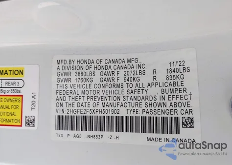 2023 Honda Civic Sport z USA, uszkodzony, nr VIN 2HGFE2F5XPH501902